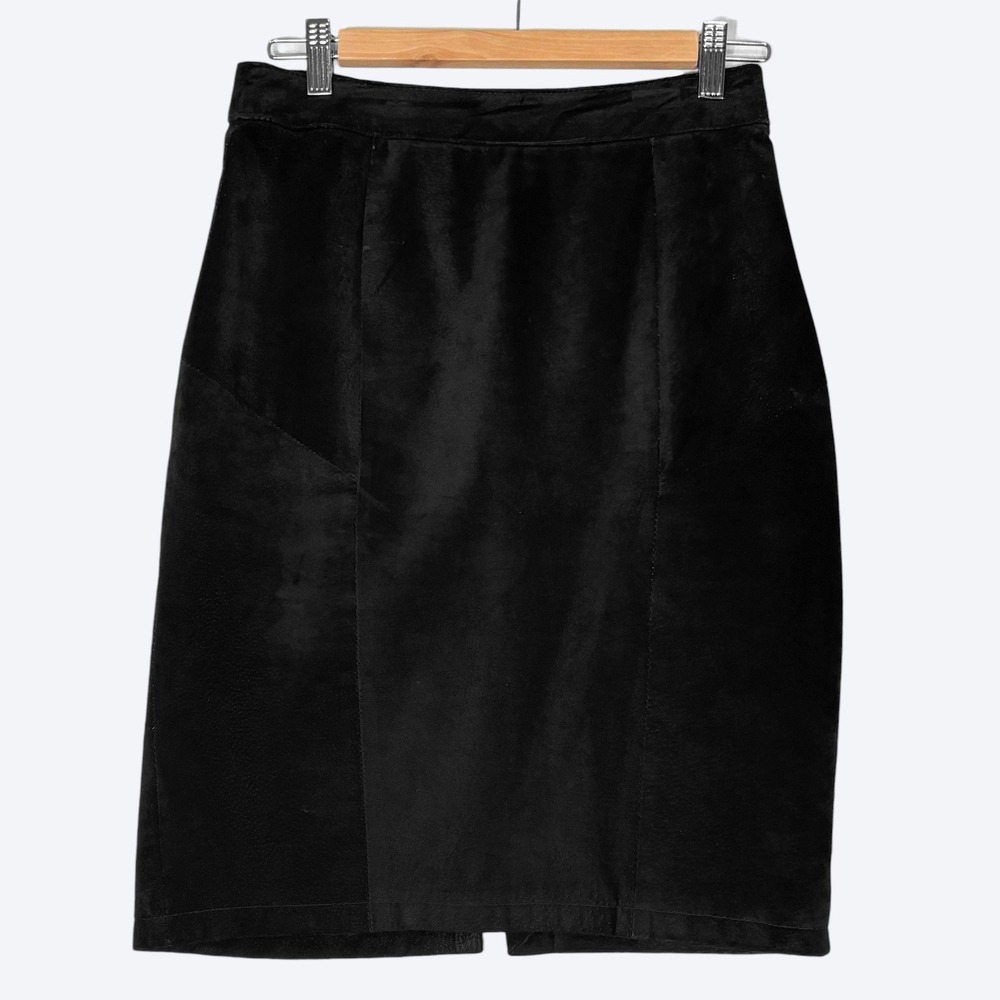VTG 80s 90s G-III Black Suede Leather Midi Skirt‎ Womens 9/10 Snap Pleat Western